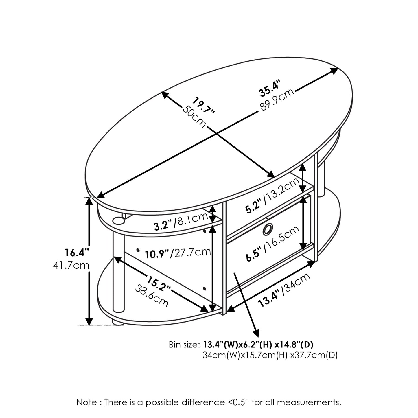 Furinno Jaya Simple Design Oval Coffee Table with Bin for Living Room, White Oak/Chrome/Black