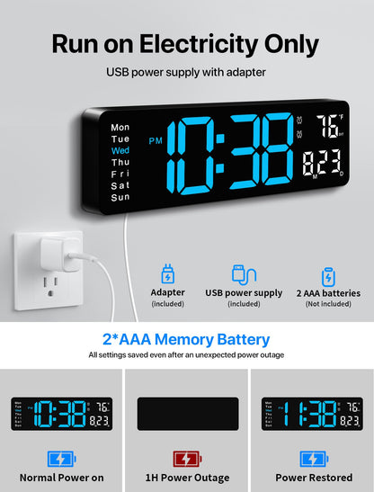 MASHI Digital Wall Clock, 16" Large Display Digital Clock with Remote Control, Auto-Dimming Wall Clock with Night Light, DST, Date Week,Temp for Living Room, Bedroom, Decor, Gift for Elderly