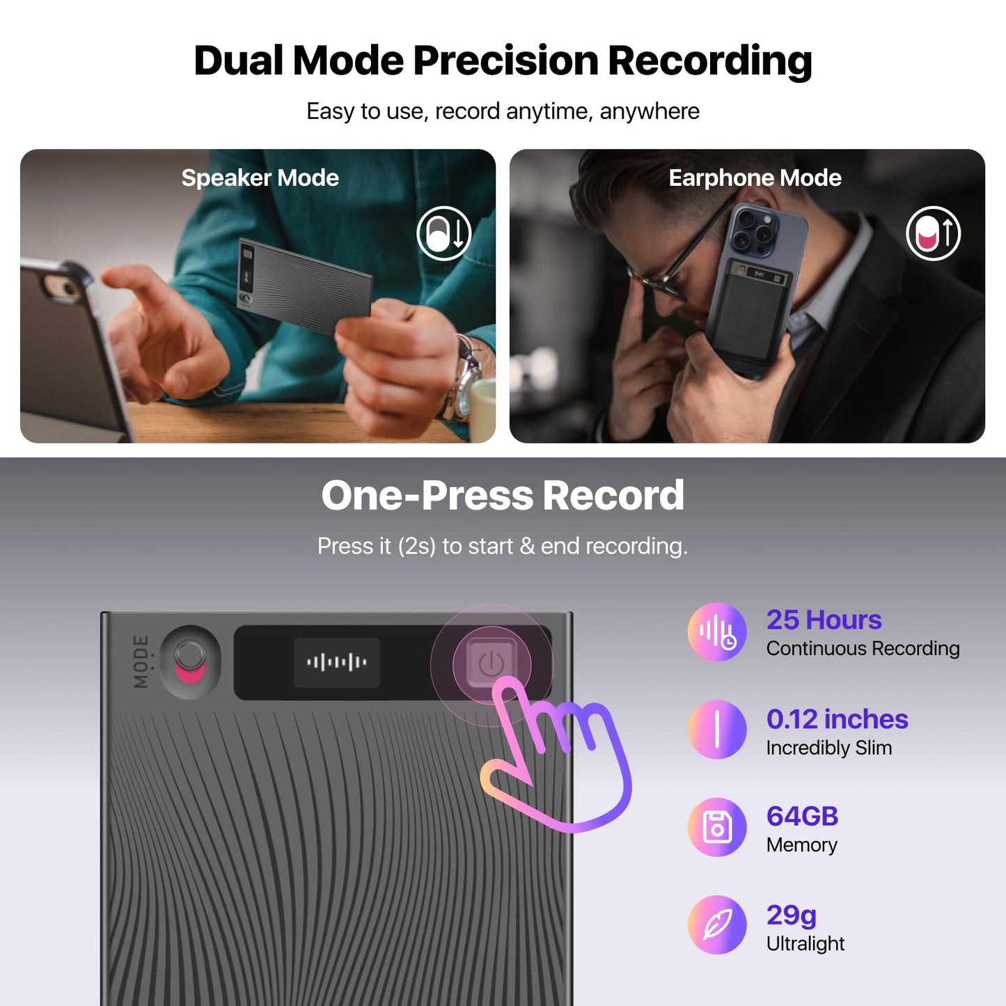 Mobvoi TicNote AI Voice Recorder 64GB Memory Note Recorder w/Case App Control 100+Languages Transcribe Summarize with AI Shadow Digital Audio Recorder for Phone Calls Lectures Meetings Interviews