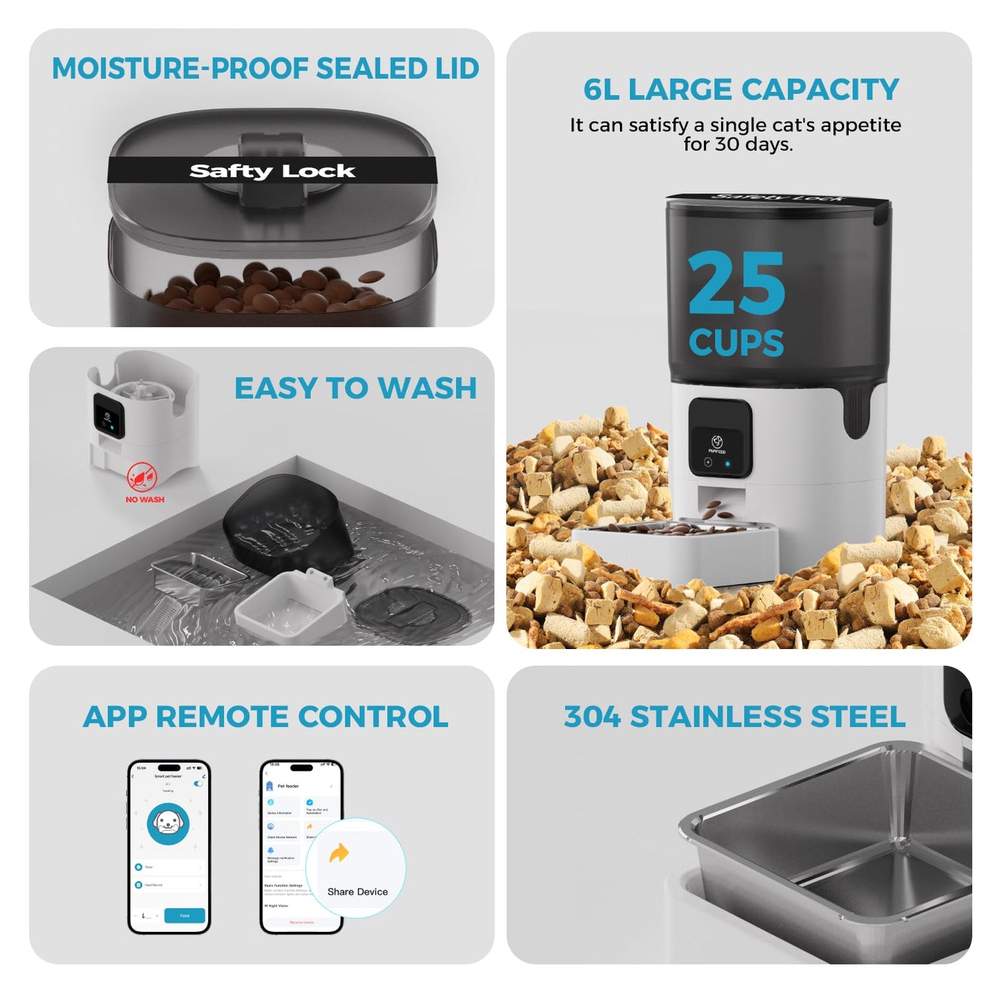 PAPIFEED 5G WiFi Automatic Cat Feeders: Smart Automatic Cat Food Dispenser with Slow Feeding Mode, Detachable for Easy Cleaning, Pet Feeder with Alexa, 1-30 Meals Per Day for Multiple Pets (6L/25 Cup)