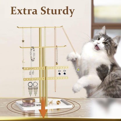 Jewelry Holder Organizer, 12.5'' Tall Sturdy Metal Stand, 3-Tier Jewelry Hanger for Necklace, Earring, Bracelet, Ring, for Display and Storage, Aesthetic Room Decor, Gold Jewlery Tree with White Tray