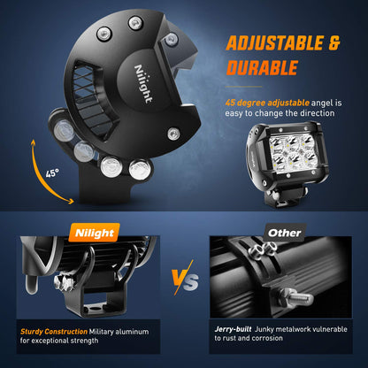 Nilight - ZH002 20Inch 126W Spot Flood Combo Off Road Led Light Bar 2PCS 18w 4Inch LED Pods With 16AWG Wiring Harness Kit-3 Lead For Tractor, 2 Years Warranty