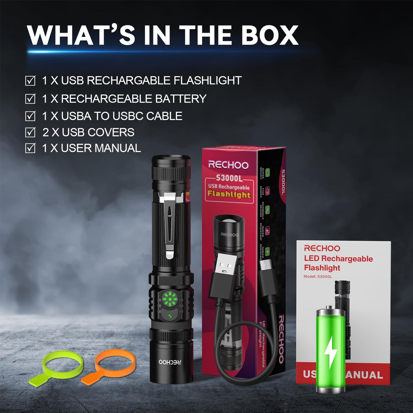 RECHOO Rechargeable Flashlights High Lumens, Double Switch S3000L LED Flashlight, Super Bright 5 Modes Zoomable Waterproof EDC Flashlights for Home, Emergncies, Camping(Battery Included)