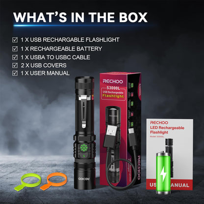 RECHOO Rechargeable Flashlights High Lumens, Double Switch S3000L LED Flashlight, Super Bright 5 Modes Zoomable Waterproof EDC Flashlights for Home, Emergncies, Camping(Battery Included)