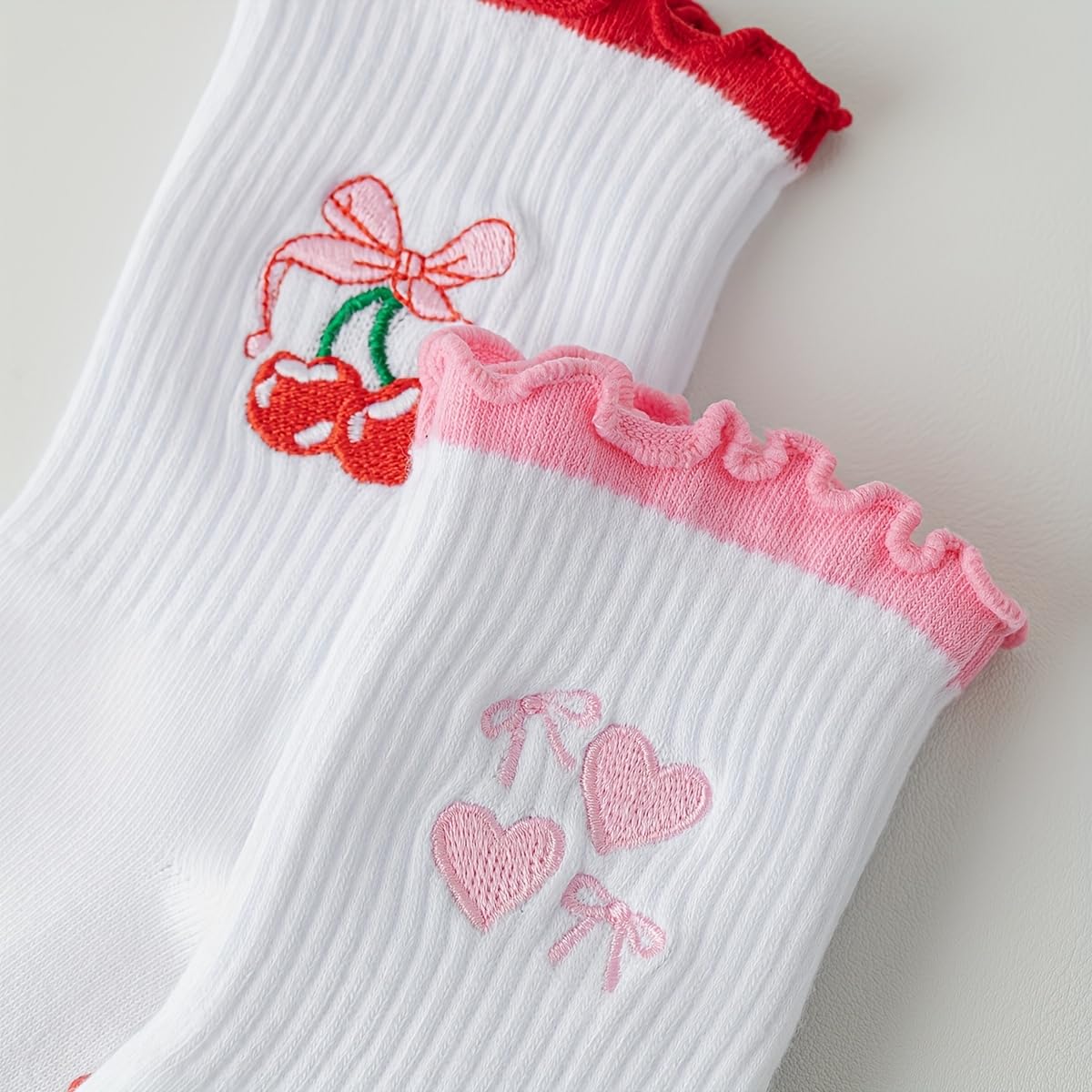 Puedizux Women Cute Pilates Socks Grip Crew Yoga Socks Ruffle Cuff Embroidery Pattern Workout Ballet Socks