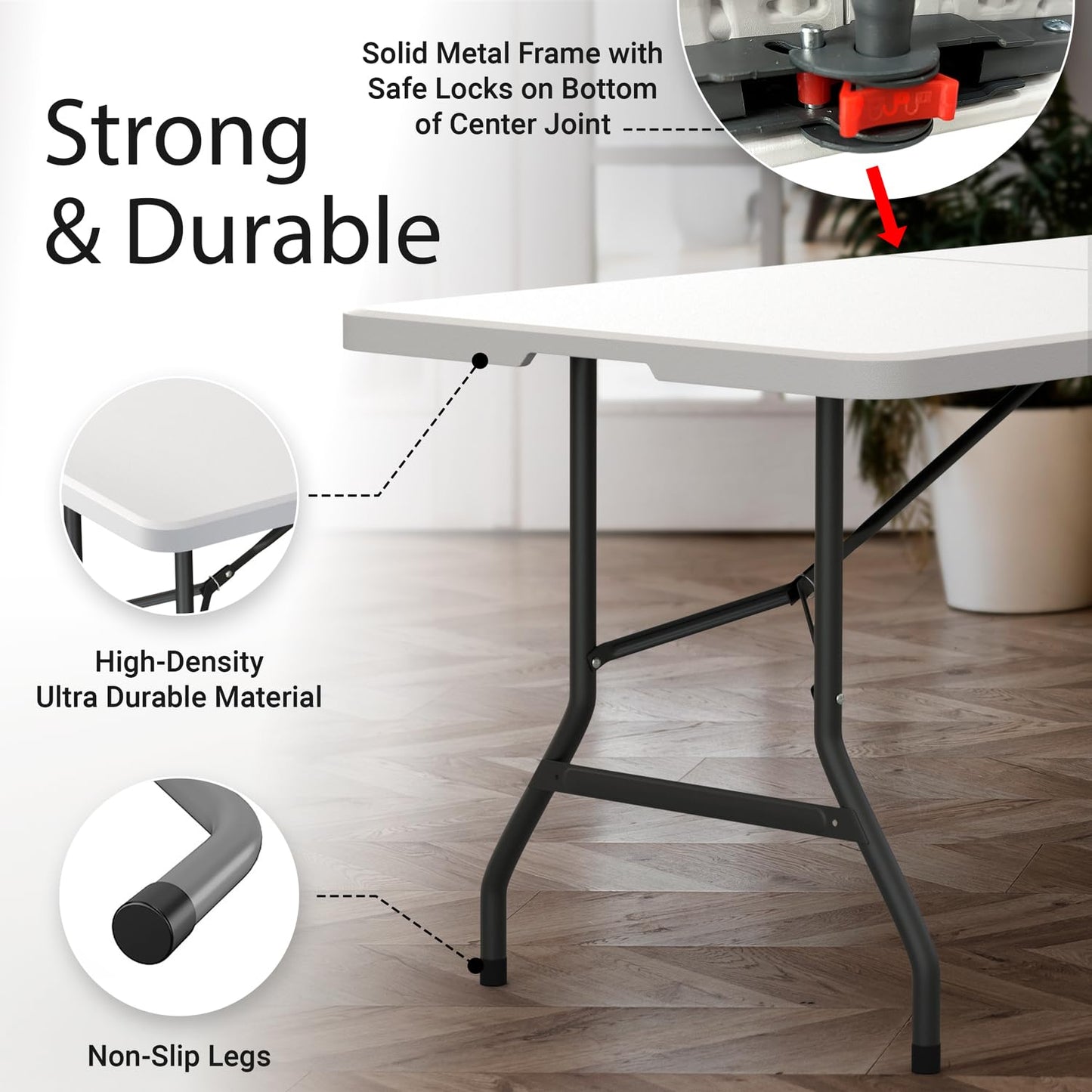 6 Feet Foldable Table with Built in Handle & Steel Legs | Heavy Duty Portable | Perfect for Party, Dining, Wedding, Events, Picnic Indoor, Outdoor, Camping, Utility, Folding