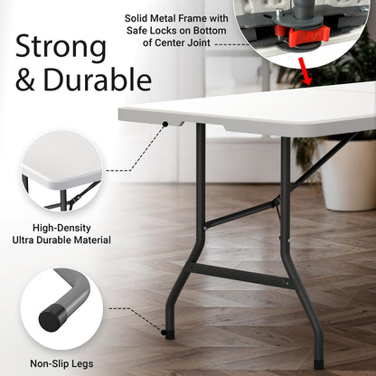 6 Feet Foldable Table with Built in Handle & Steel Legs | Heavy Duty Portable | Perfect for Party, Dining, Wedding, Events, Picnic Indoor, Outdoor, Camping, Utility, Folding