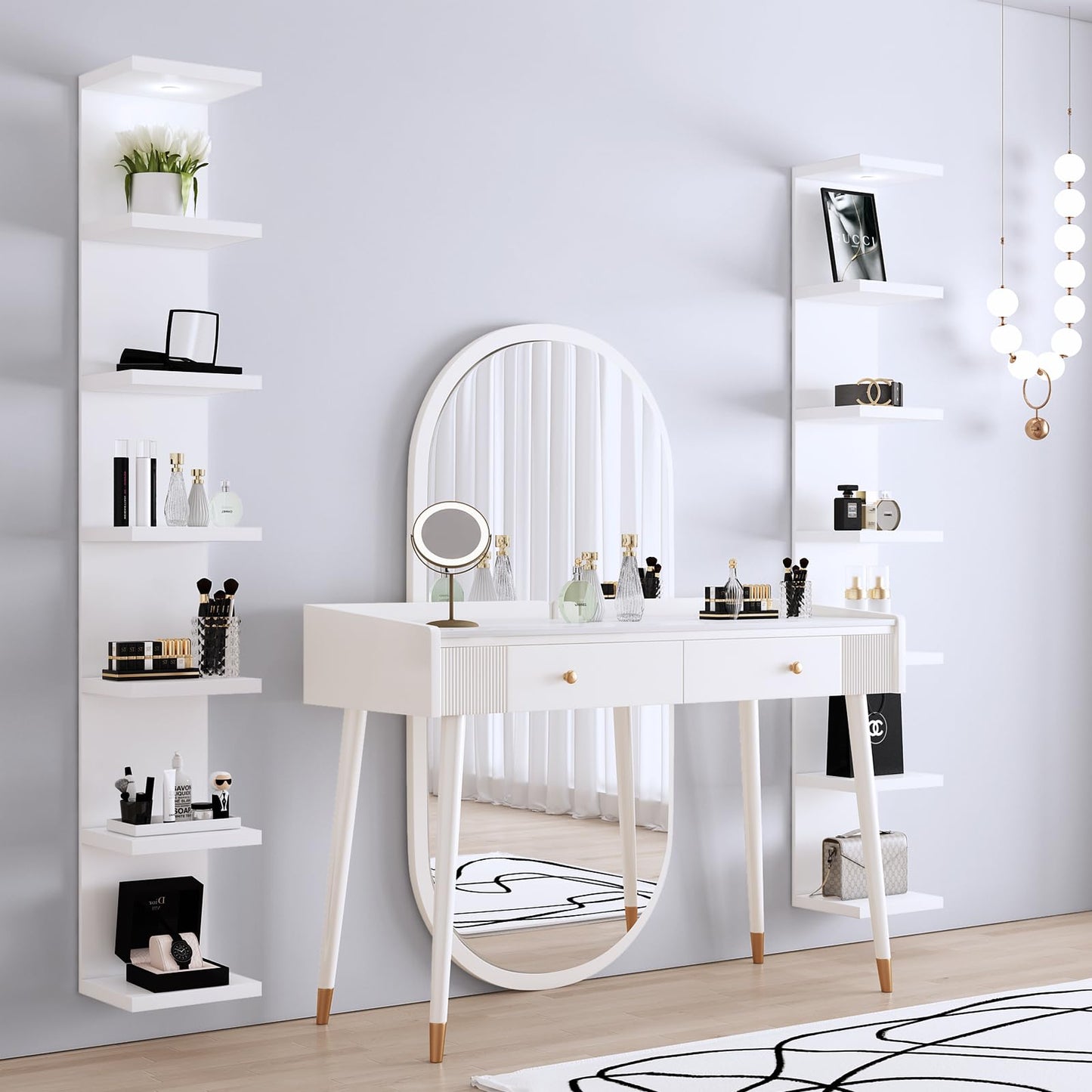LitaEther Versatile 7 Tier Wall Shelf Unit,White Lack Wall Shelf,Display Floating Shelf with LED Remote Control Light
