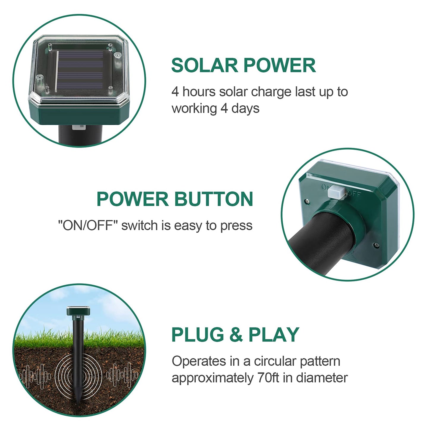 Mole Repellent Solar Powered 4 Pack,Snake Vole Repellent Outdoor, Gopher Repeller Ultrasonic Solar Powered for Lawn Garden Waterproof, Sonic Mole Spikes,Get Rid of Moles Groundhog Chipmunk Repellent