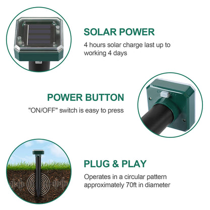 Mole Repellent Solar Powered 4 Pack,Snake Vole Repellent Outdoor, Gopher Repeller Ultrasonic Solar Powered for Lawn Garden Waterproof, Sonic Mole Spikes,Get Rid of Moles Groundhog Chipmunk Repellent