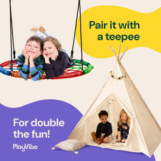 PLAYVIBE Spider Web Tree Swing - 40 in Multicolor Saucer Swing - 440 lb Capacity with Hanging Straps & Carabiners - Weather-Resistant Outdoor Play for Kids & Toddlers - Fits Trees, Playsets & Gyms