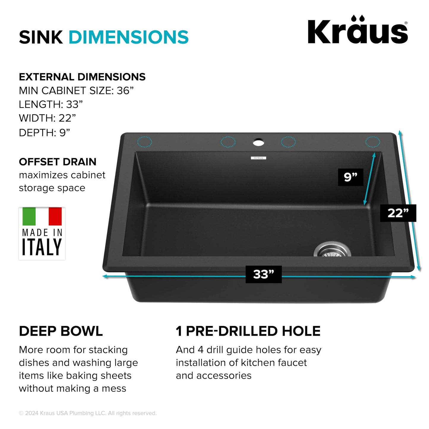 KRAUS Forteza 33-inch Drop In/Undermount Single Bowl Granite Kitchen Sink in Black, KGD-54BLACK