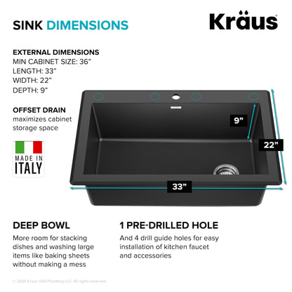 KRAUS Forteza 33-inch Drop In/Undermount Single Bowl Granite Kitchen Sink in Black, KGD-54BLACK