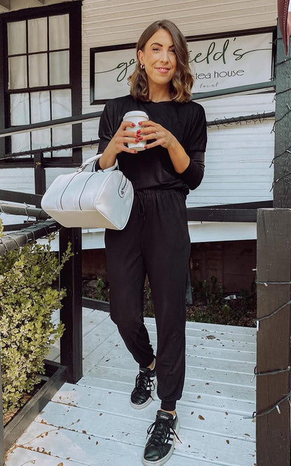 PRETTYGARDEN Women Fall 2 Piece Lounge Outfit Long Sleeve Tops High Waisted Jogger Pants Set Spring Travel Clothes Tracksuit (Black,Small)