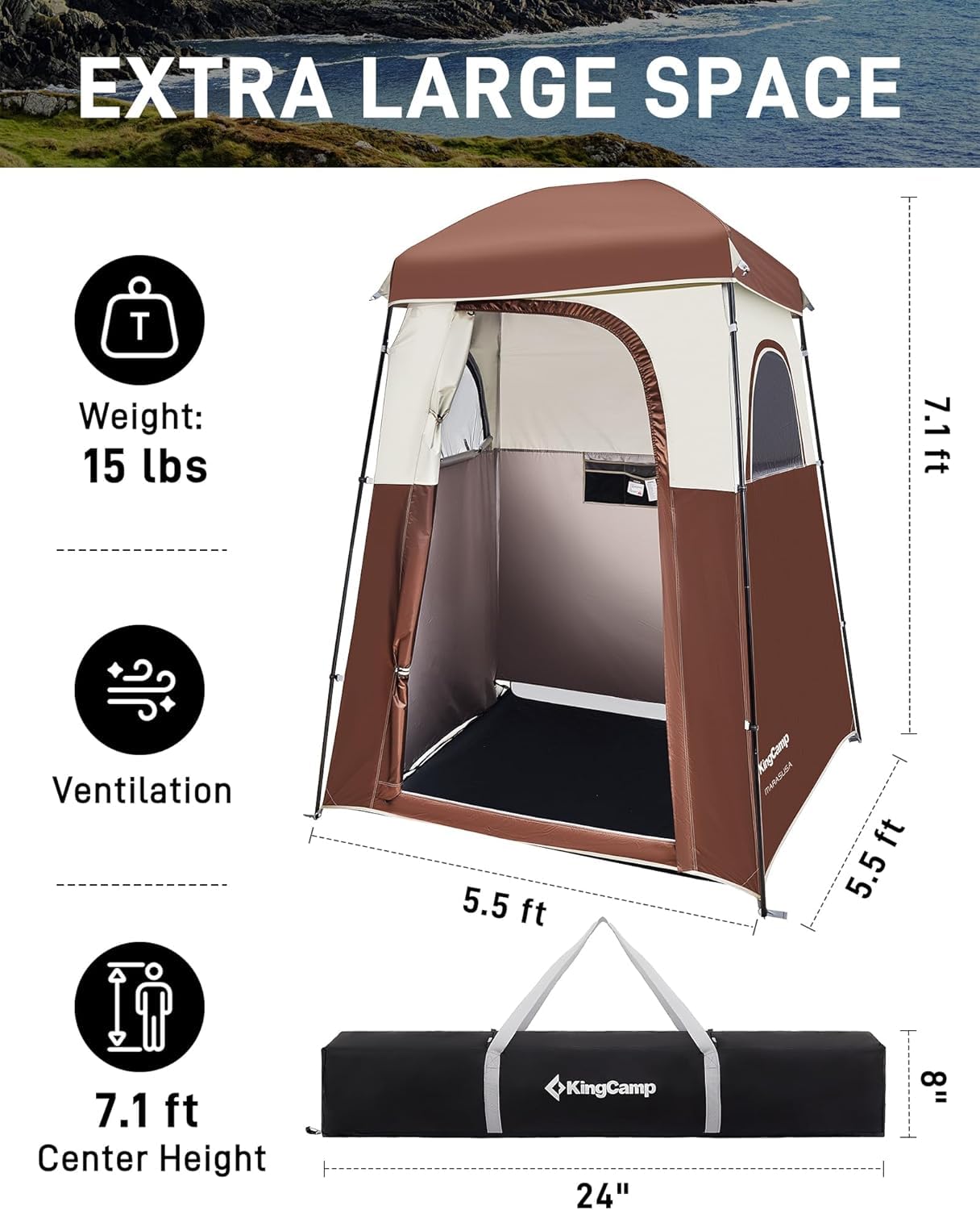 KingCamp Oversize Space Privacy Camping Outdoor Shower Enclosure Portable Shower Tent for Camping 1 Room Brown Changing Tent Dressing Room
