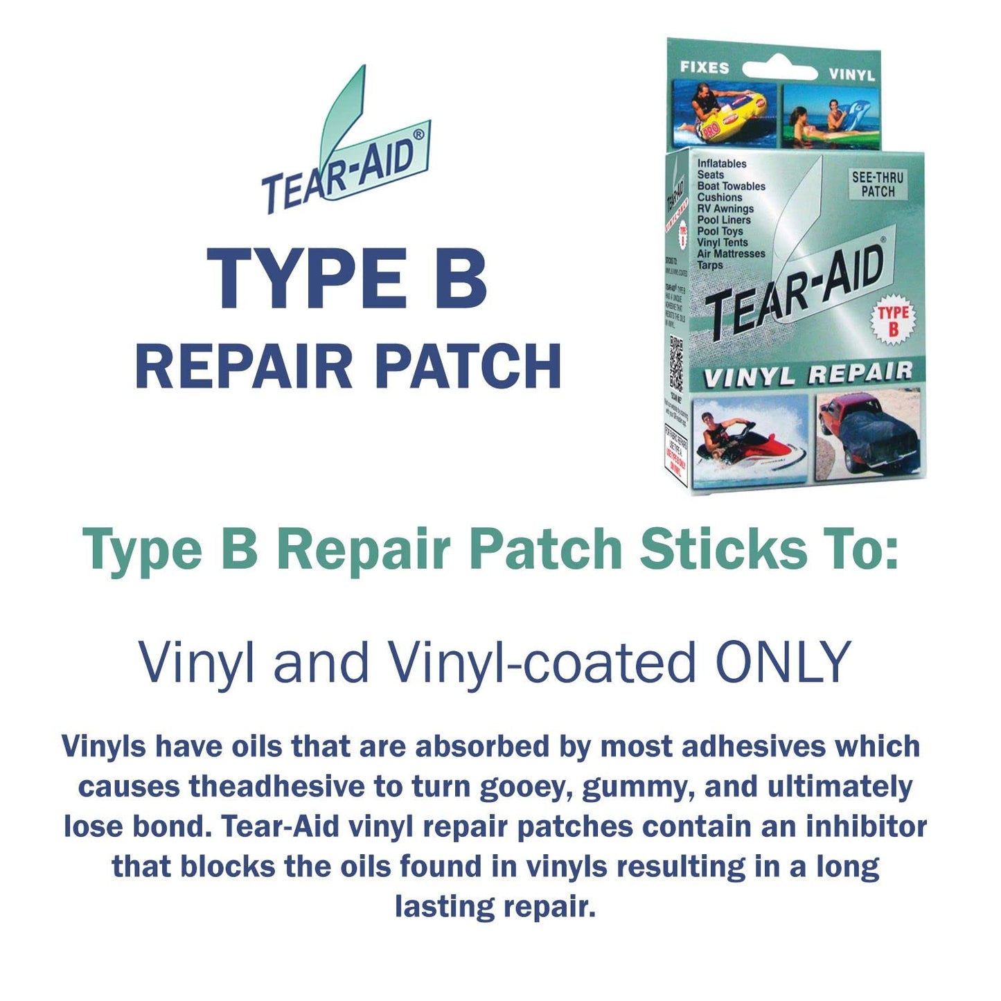TEAR-AID Vinyl Repair Kit, Type B Clear Patch for Vinyl and Vinyl-Coated Materials, Works on Vinyl Tents, Awnings, Air Matresses, Pool Liners & More, Green Box, 2 Pack