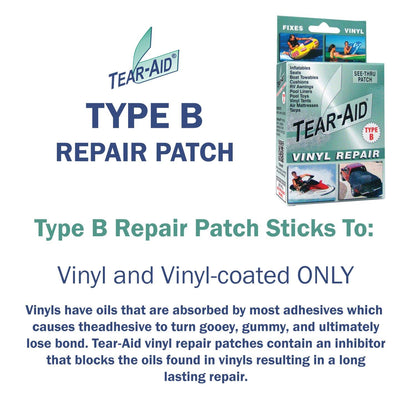 TEAR-AID Vinyl Repair Kit, Type B Clear Patch for Vinyl and Vinyl-Coated Materials, Works on Vinyl Tents, Awnings, Air Matresses, Pool Liners & More, Green Box, 2 Pack