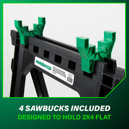 Metabo HPT Folding Sawhorses, 2-Pack, Lightweight Design, 1,200 lbs Capacity, Includes 4 Sawbucks, Ideal for Extra Workstations, Non-Skid Feet for Stability, Built-In Shelf and Cord Hooks, 115445M