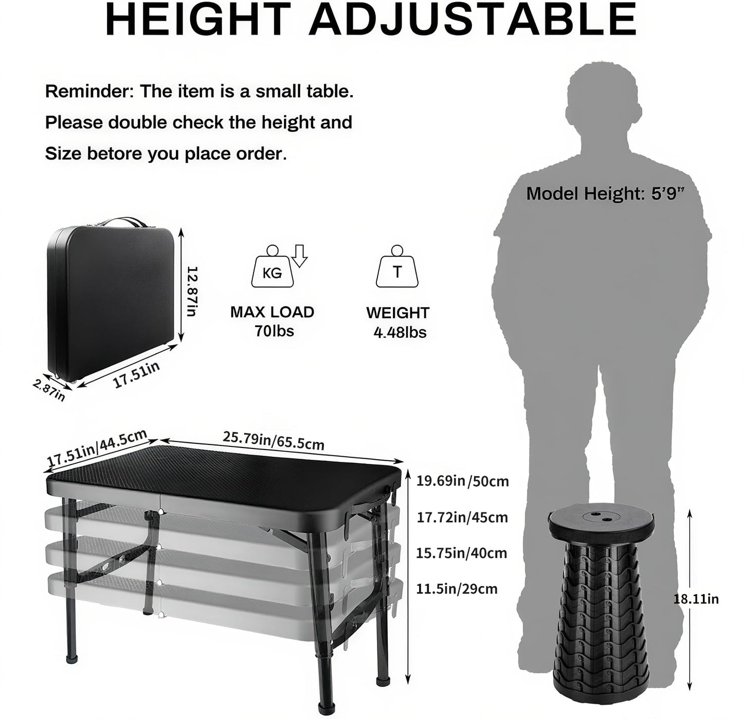 KPR Retractable Small Folding Table and Stool Set, Portable Camping Foldable Table Lightweight Yet More Sturdy with Adjustable Stool for Outdoor Picnic, Beach, Camp, Also Ideal as Laptop Bed Desk