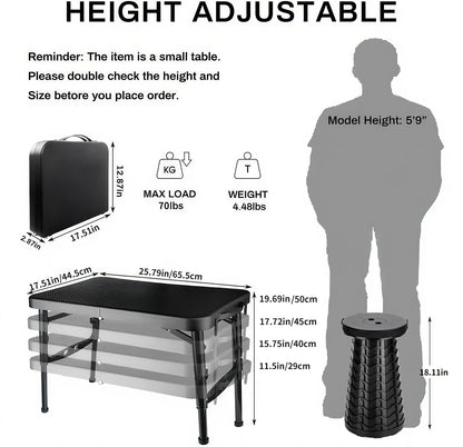 KPR Retractable Small Folding Table and Stool Set, Portable Camping Foldable Table Lightweight Yet More Sturdy with Adjustable Stool for Outdoor Picnic, Beach, Camp, Also Ideal as Laptop Bed Desk
