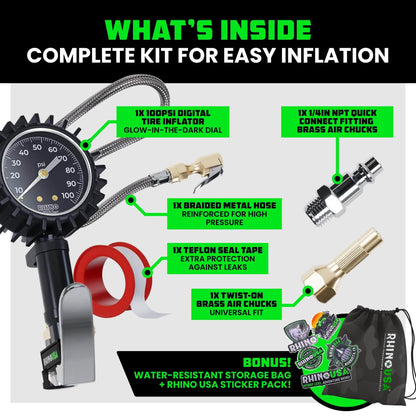 Rhino USA Tire Pressure Gauge with Inflator (0-100 PSI) - Heavy Duty Air Chuck and Compressor Accessories with Stainless Braided Hose, Large Analog Dial and Solid Brass Hardware for Truck and RV