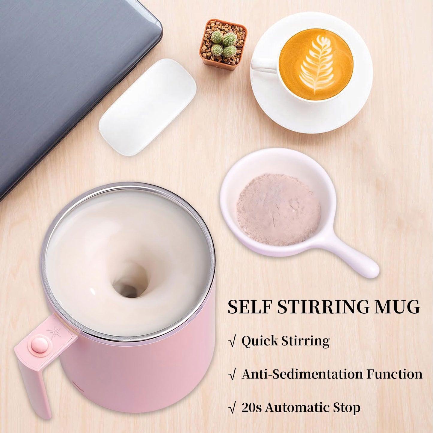 FOXNSK Self Stirring Coffee Mug 12.2 oz, Electric Mixing Cup with Magnetic Stirrer & Anti-Sedimentation, Rechargeable Travel Mug for Coffee, Milk, Hot Cocoa (Pink)