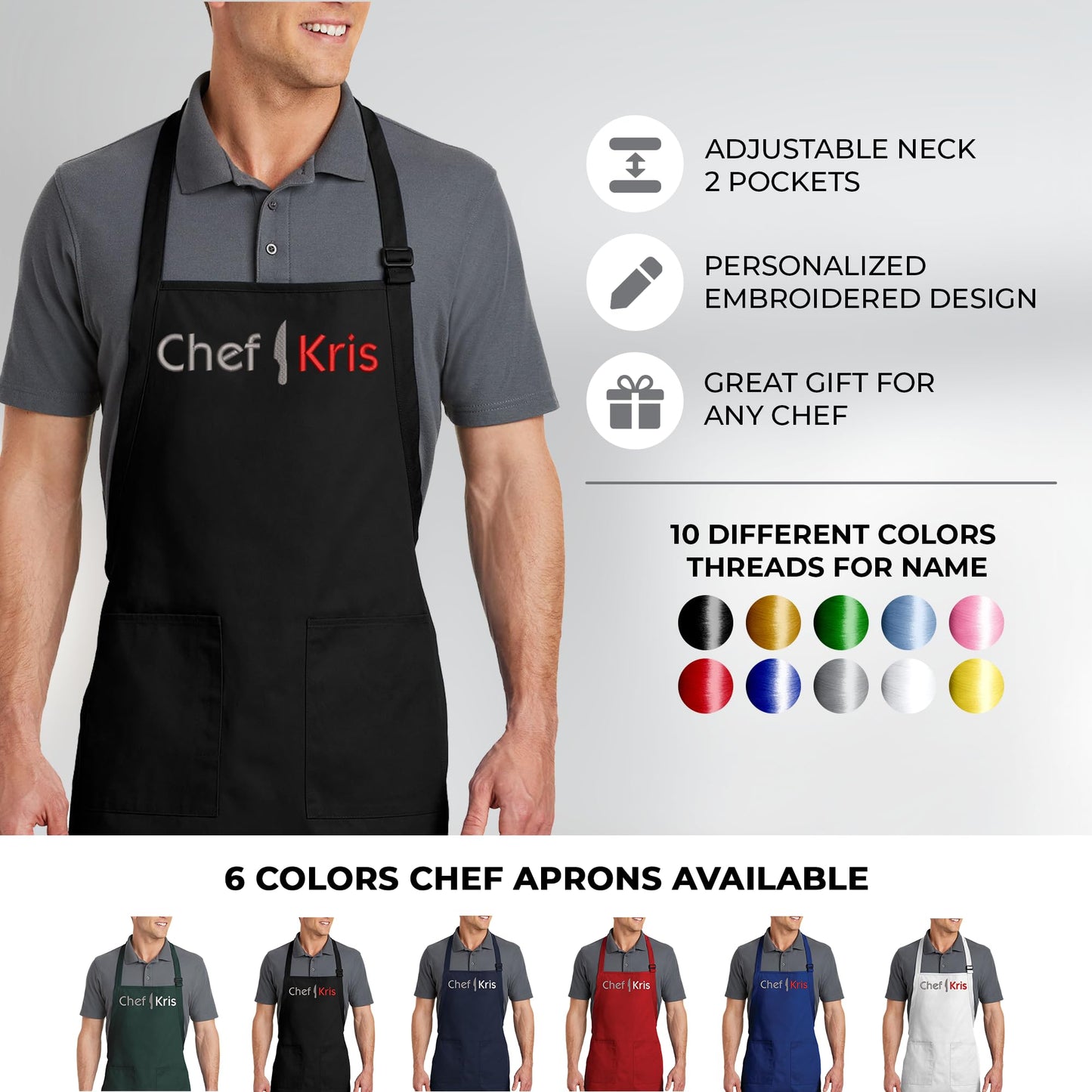 PLACE4PRINT Custom Chef Apron with Embroidered Name. Premium Quality Custom Aprons for Men and Women - Cooking, Baking, Grilling