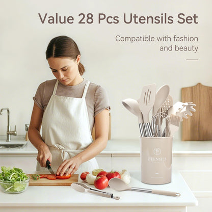 NCUE Kitchen Utensils Set, 28 Pcs Silicone Cooking Utensils Set with Holder, Spatula Set, Silicone Whisk, Scissors, Measuring Cups and Spoons Set with Stainless Steel Handle Kitchen Gadgets (Khaki)