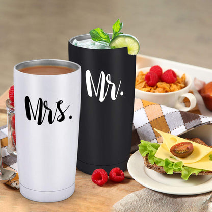 Mr and Mrs Tumbler Set of 2 Stainless Steel Travel Tumbler Ideas for Newlyweds Couples Wife Bride To Be Newly Engaged Bridal Shower, Insulated Travel Tumbler for Wedding Engagement(20 oz, Black&White)