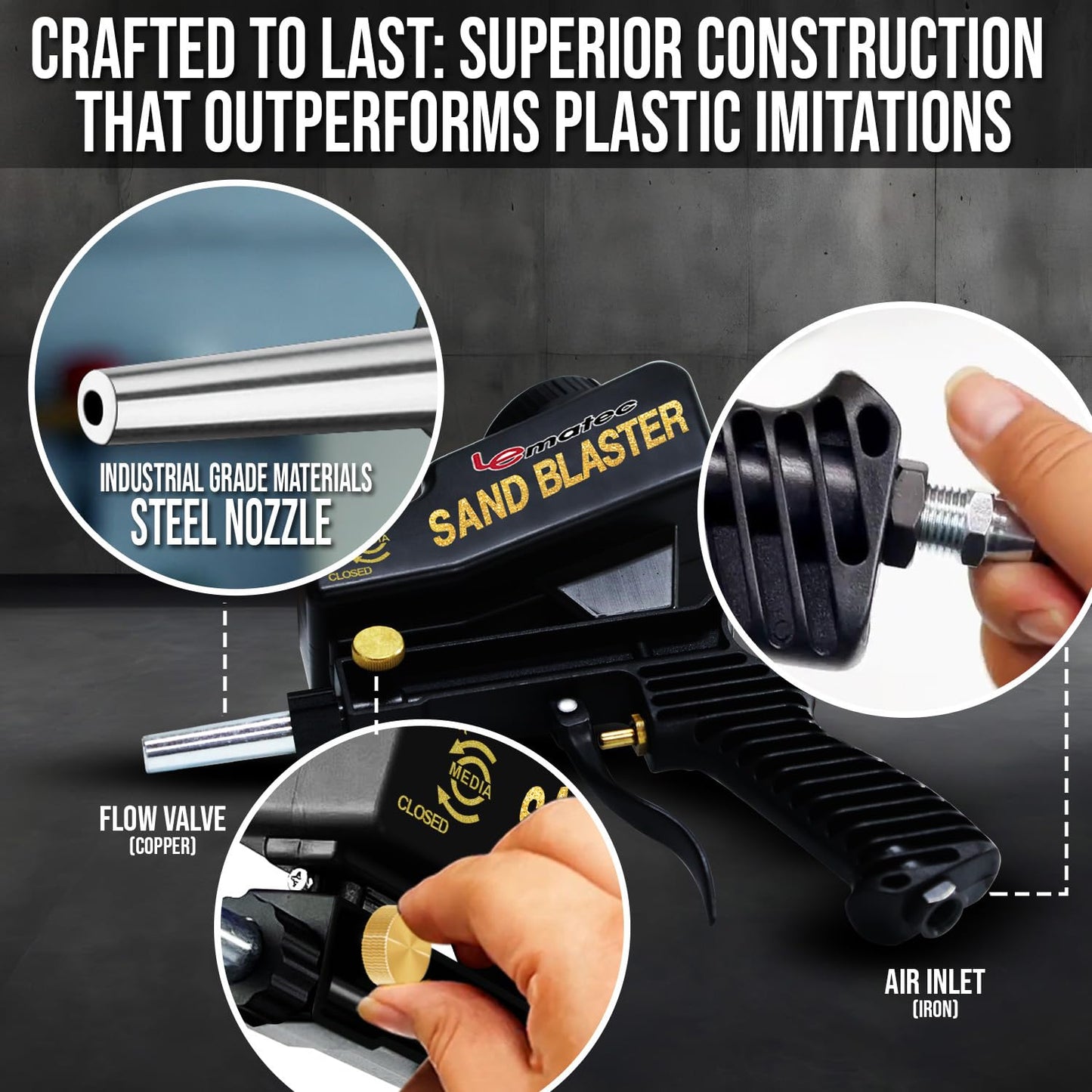 LE LEMATEC Portable Sand Blaster Gun for Small Projects - Required150PSI Air Compressor (4+ CFM) Detail Work, Rust Removal, Glass Etching - Black (AS118)