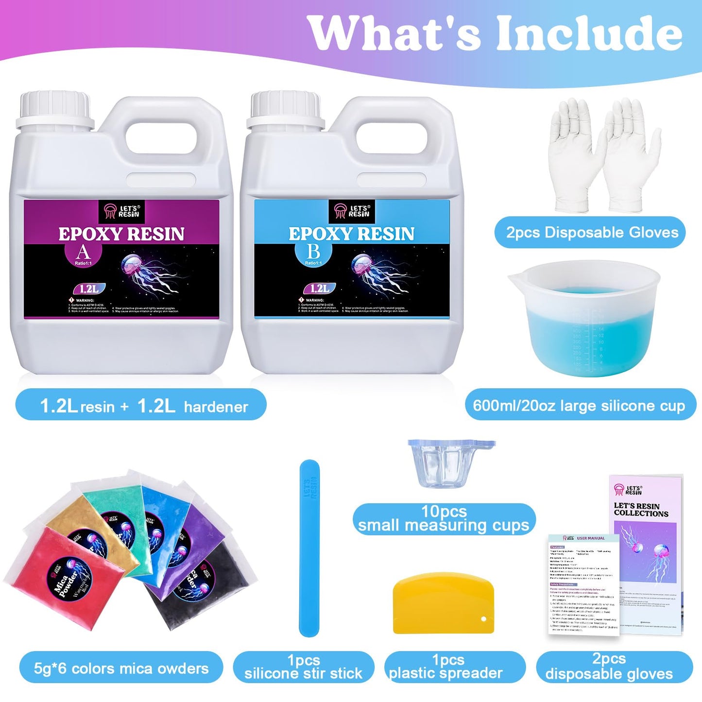 LET'S RESIN 80oz Crystal Clear Epoxy Resin Kit,Bubbles Free Casting Resin Supplies for Beginner,Molds,Jewelry,Resin and Hardener with 6 Mica Powders,Large Silicone Cup