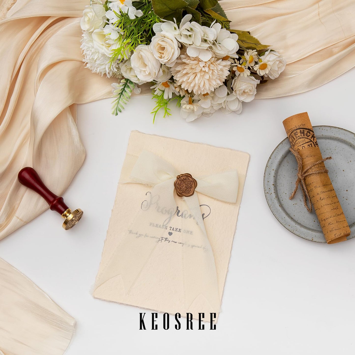 KEOSREE 3 Rolls Cream White Handmade Chiffon Ribbon,1.5" x 21Yd Frayed Fringe Silk Ribbons (3 Rolls *7Yd) for Gifts Wrapping, Wedding Invitations, Bridal Bouquets, Decorations