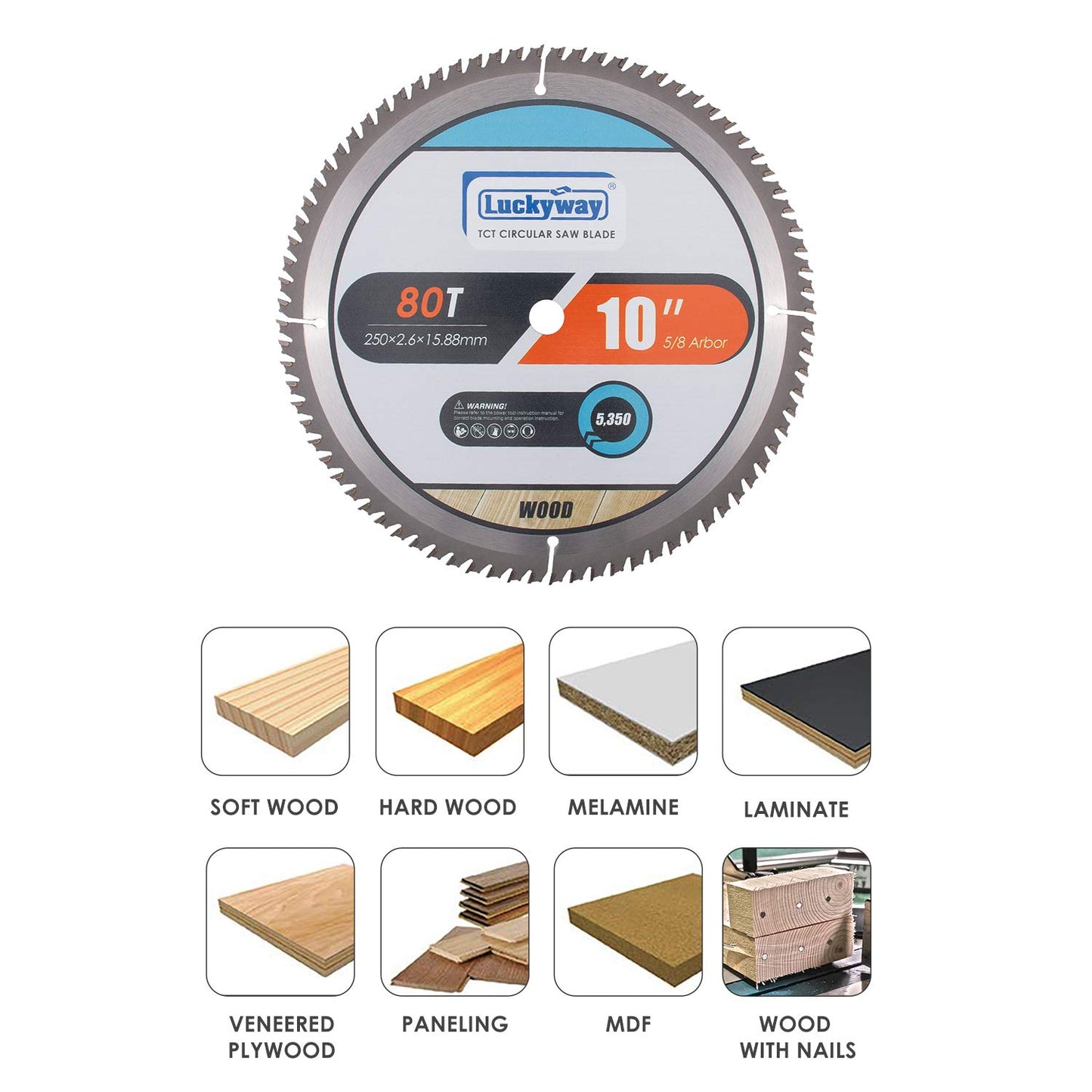 Luckyway 10 Inch Table Saw Blade, Miter Saw Blade 2-Pack, 80T Fine Finish Professional Woodworking with 5/8 Inch Arbor TCT Saw Blade for Table Saw and Miter Saw