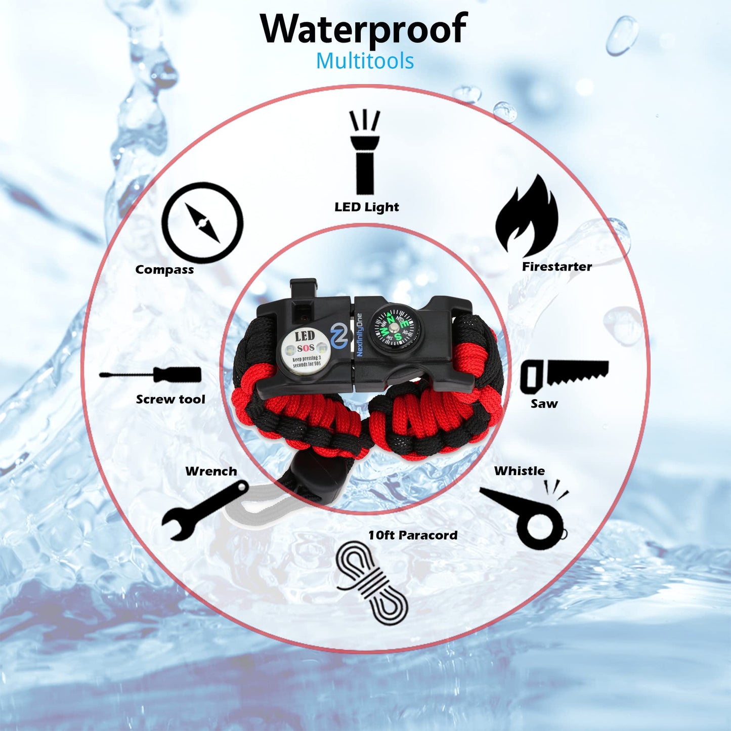 Nexfinity One Survival Paracord Bracelet - Tactical Emergency Gear Kit with SOS LED Light, 550 Grade, Adjustable, Multitools, Fire Starter, Compass, and Whistle - Set of 2 (Red)