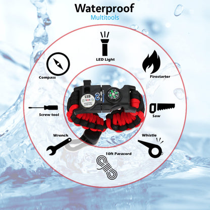 Nexfinity One Survival Paracord Bracelet - Tactical Emergency Gear Kit with SOS LED Light, 550 Grade, Adjustable, Multitools, Fire Starter, Compass, and Whistle - Set of 2 (Red)