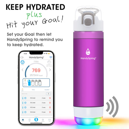 HANDYSPRING - Smart Water Bottle with Reminder To Drink Water, Lights And Sound, Water Intake Tracker, Rechargeable, Tritan Plastic w/Straw, Gifts For Women, Men, Mom, Dad, Her, Him 26 Oz (purple)
