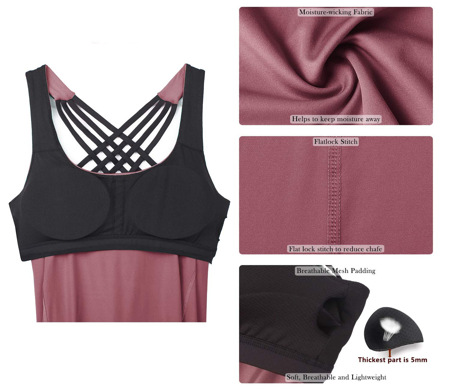 icyzone Yoga Tops Workouts Clothes Activewear Built in Bra Tank Tops for Women (XL, Mauve Orchid)