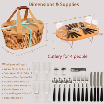 Hap Tim Wicker Picnic Basket Set for 4 with Mini Folding Wine Picnic Table & Large Insulated Cooler Bag & Cutlery Service Kits for 4 Person, Couples Gifts, Wedding Gifts (Y2209-4-GR)