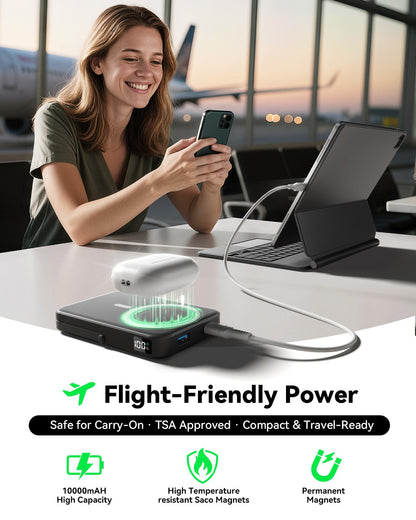 LENUTO for Magsafe Battery Pack 10000mAh Power Bank with Foldable Stand Portable Charger, PD 22.5W Fast Charge, Dual USB-C & USB-A Outputs, Wireless Charger for iPhone 16/15/14/13/12 Series–Black