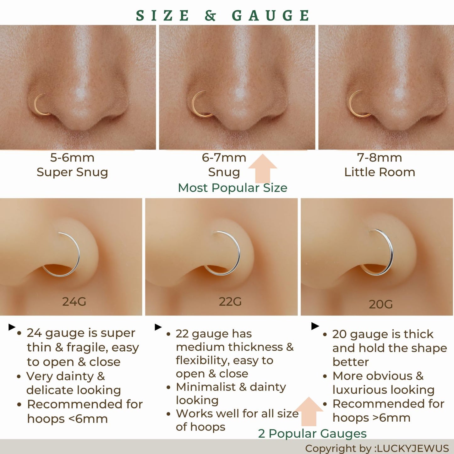 LUCKYJEWUS 14k Gold Filled 20G Small Thin Nose Ring Hoop for Women, 6mm - 7mm Adjustable Nostril Piercing Jewelry