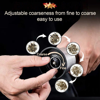 LessMo Salt and Pepper Grinder Set with Wooden Standing Tray, Refillable Pepper Mill Set - Brushed Stainless Steel - Short Glass Shakers with Adjustable Coarseness for Peppercorn, Salt or Spice Mills