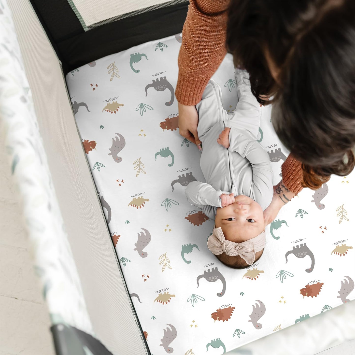 Pack n Play Sheets, BROLEX 2 Pack Mini Crib Sheets,Stretchy Portable Fitted Playard Sheet Set, Convertible Playard Mattress Cover,Ultra Soft Breathable Material,Cute Dinosaurs