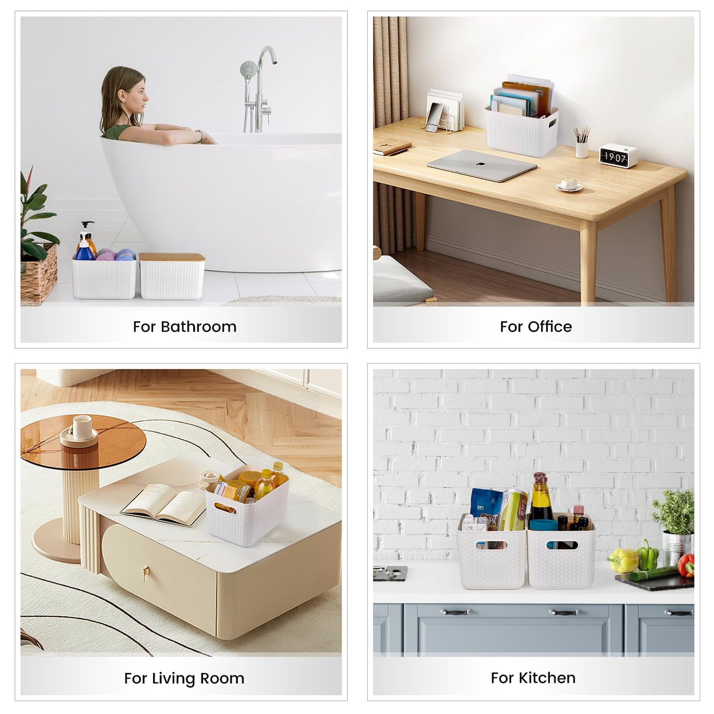 Ohmlove 4 Packs Storage Bins with Bamboo Lids - Plastic Storage Containers with Lids Stackable Storage Box：Storages Baskets for Organizing Desktop Closet Playroom Classroom Office,White