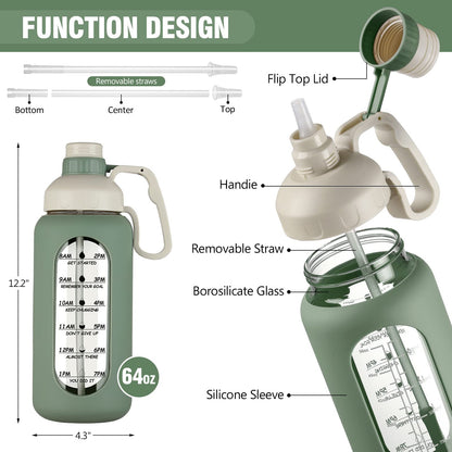 MUKOKO 64oz Glass Water Bottles with Straw, Half Gallon Water Jug with Time Marker, Sports Large Motivational Bottle with Silicone Sleeve, Olive