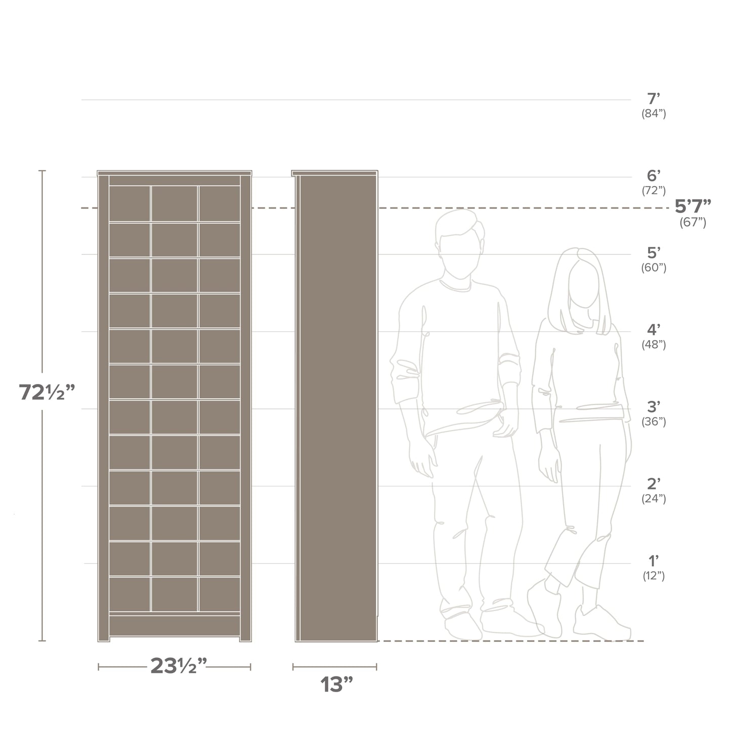 Prepac Elegant Brown Shoe Storage Cabinet, Space-Saving Solution with Cubbies for 36 Pairs, 13"D x 23.5" W x 72.5" H