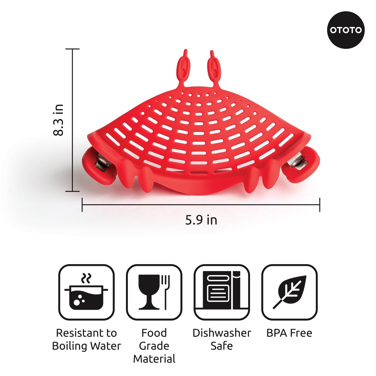 NEW Crabby Clip-On Strainer by OTOTO - Silicone and Stainless Steel Pasta Strainer, Funny Gifts, Cute Kitchen Accessories, Red Crab, Cool Kitchen Gadgets