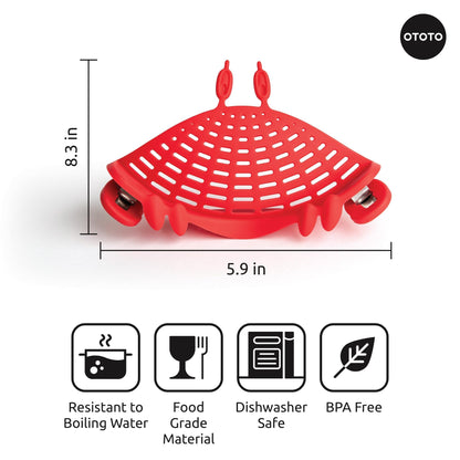 NEW Crabby Clip-On Strainer by OTOTO - Silicone and Stainless Steel Pasta Strainer, Funny Gifts, Cute Kitchen Accessories, Red Crab, Cool Kitchen Gadgets