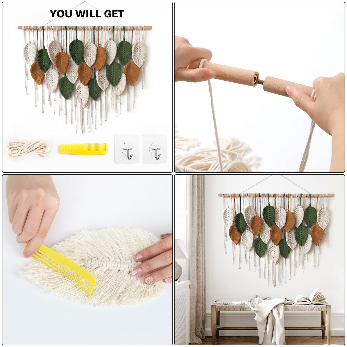 KHOYIME Large Macrame Wall Hanging Boho Woven Tapestry, Chic Home Decor Modern Bohemian Handmade Leaf Feather Wall Art Decorations for Apartment Dorm Living Room Bedroom Nursery Backdrop 39"W X 29.5"L