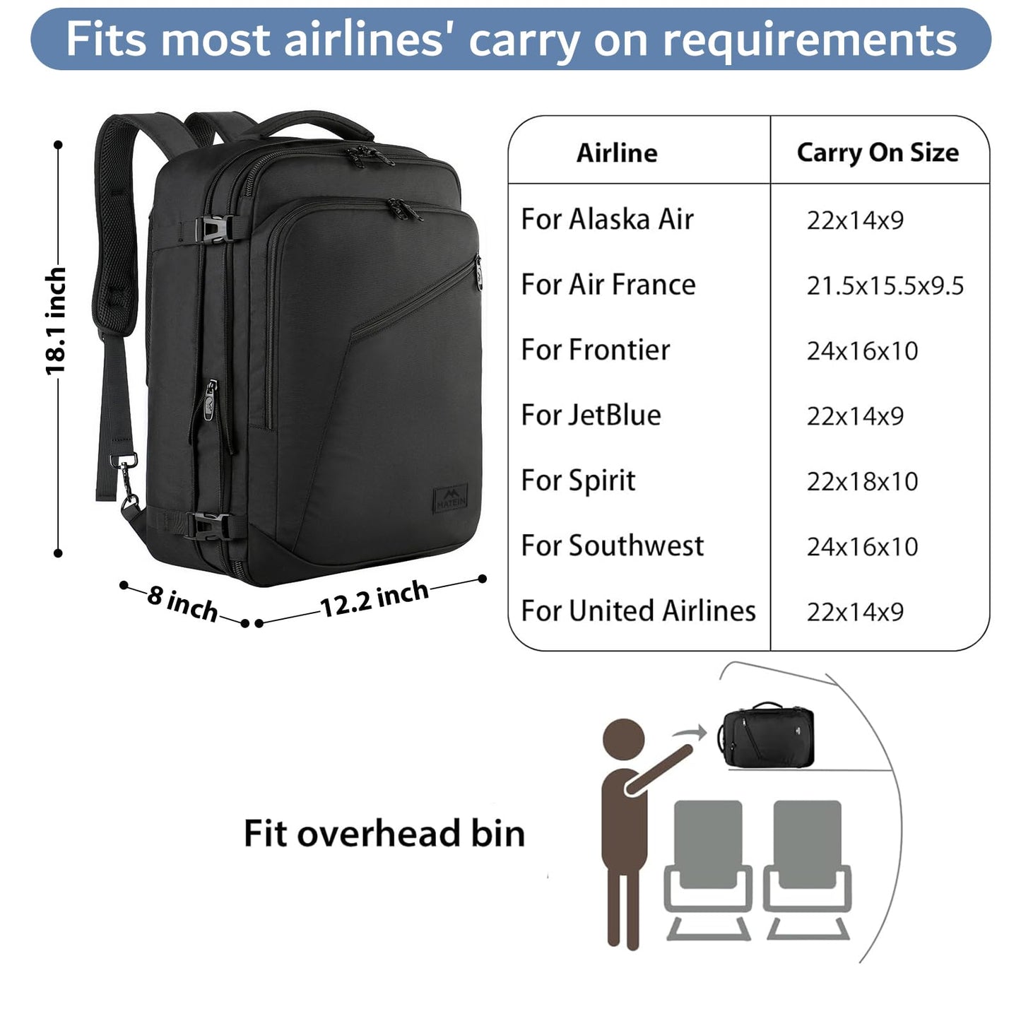 MATEIN Mens Travel Backpack, 27L Lightweight Carry on Backpack for Women, Expandable Business Backpacks, Waterproof Hiking Daypack for Outdoor Sports Rucksack Casual Daypack, Travel Essential, Black