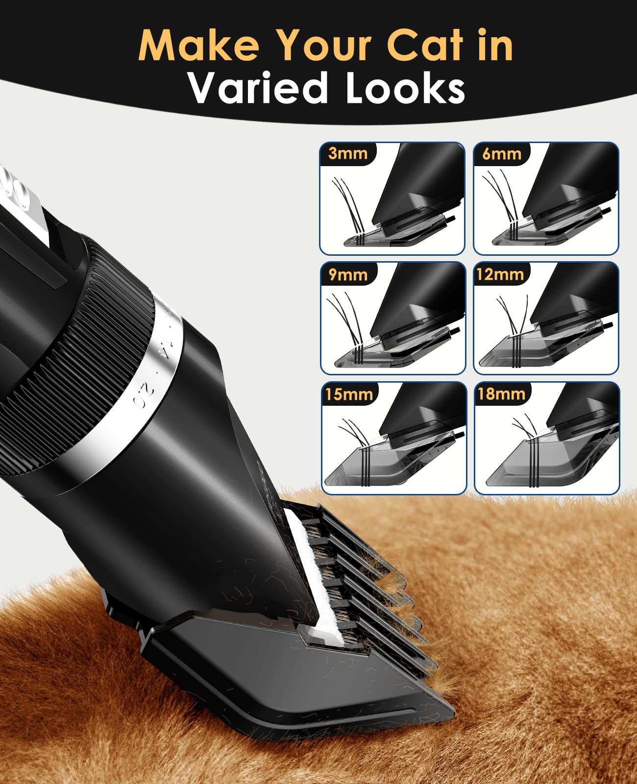 oneisall Quiet Cat Clippers for Matted & Long Hair, 2-Speed Cordless Pet Shaver Grooming Kit for Cats, Small Dogs & Animals (Black)